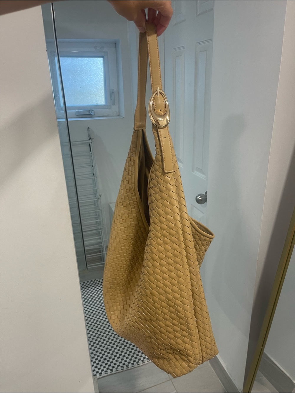 Anthropologie love knot slouchy bag woven gold buckle beige tan - Picture 4 of 14